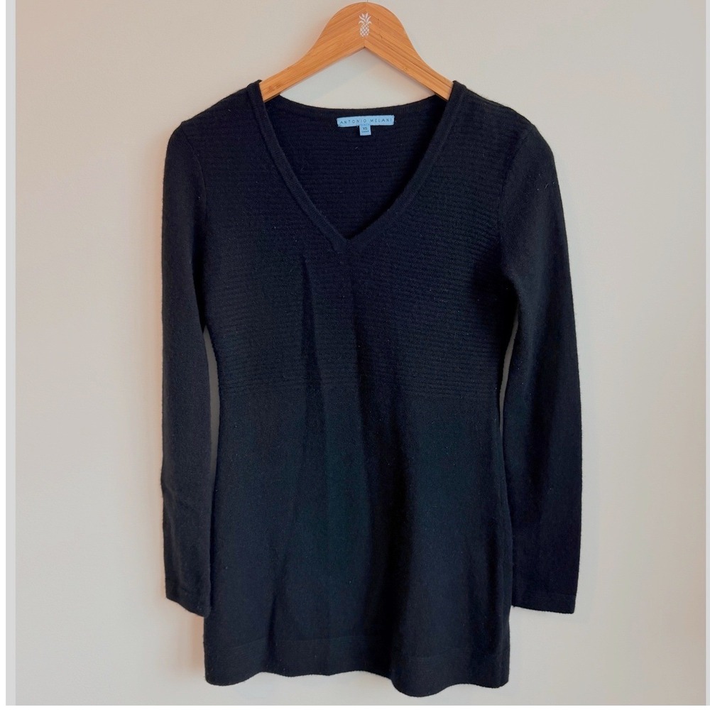 Antonio Melani Womens Cashmere V-Neck Sweater Tunic XS Black Classic Preppy